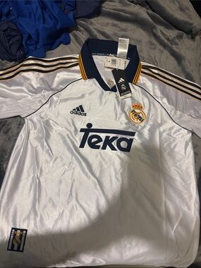 adidas White and Navy Real Madrid Teka Home Shirt